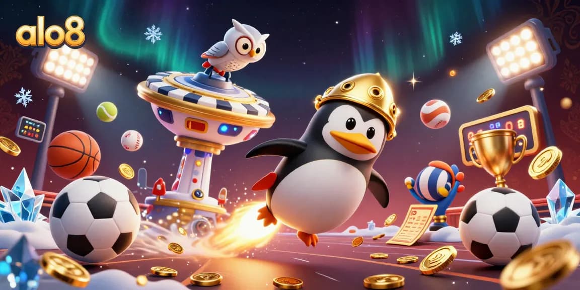 Alo8 offers thrilling bets as the golden penguin flies toward a casino space station.