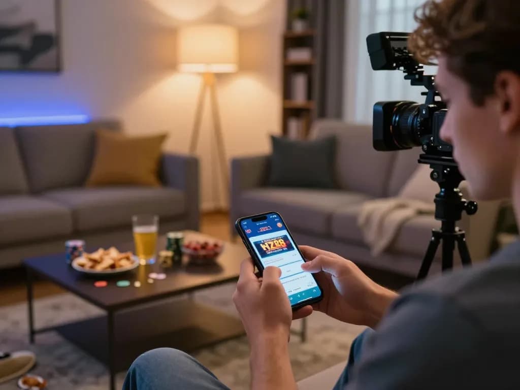 Player using smartphone to play on HZ88 casino app in a cozy home setting.