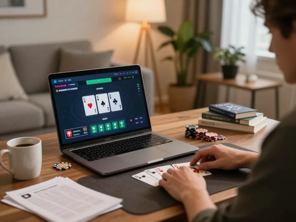 Player engaging in an online poker game on go8, showcasing a lively home atmosphere with strategy notes.