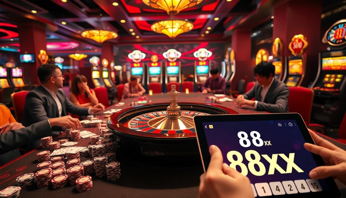 Experience the excitement of winning with 88xx at a vibrant casino gaming table filled with poker chips and cards.
