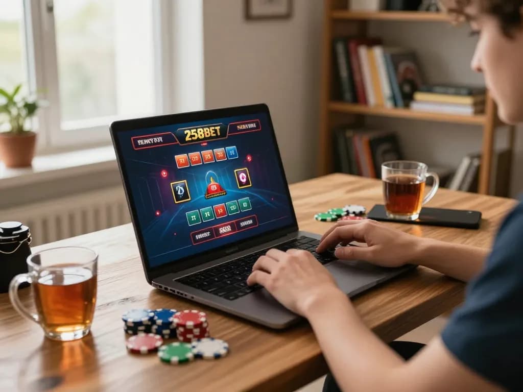 Player engaged on 258bet online casino during cozy home gaming session, focused and responsible entertainment