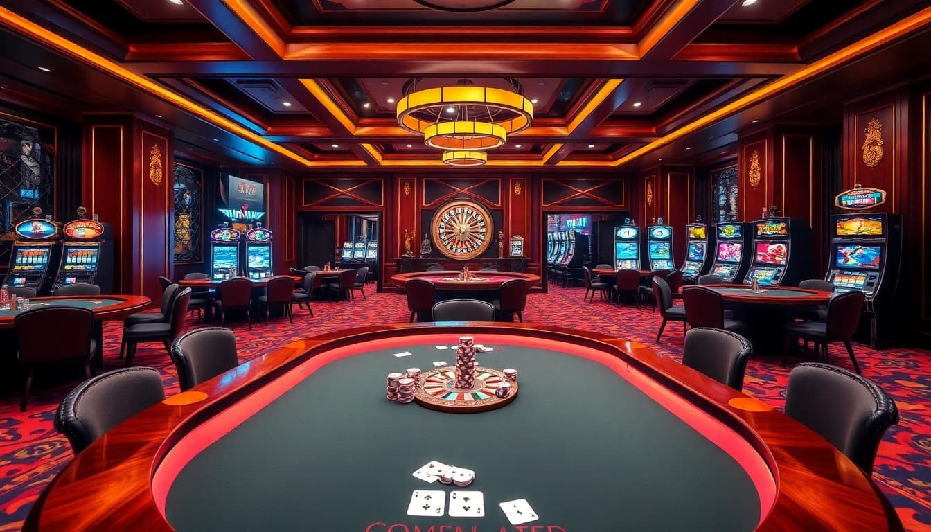 Play exciting casino games at HZ88 featuring luxurious interiors and vibrant gaming tables.