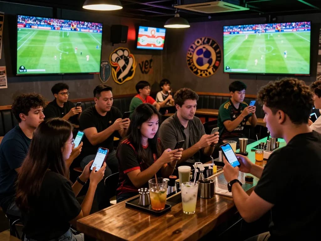 Fans engaging in live betting and sports viewing at a vibrant bar, focusing on tin soi kèo strategies.