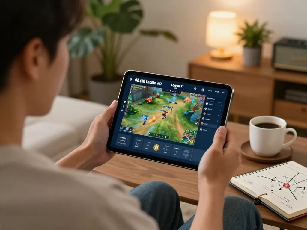 Thưởng thức đá gà thomo HD trên máy tính bảng trong một không gian thoải mái tại nhà với những ghi chú chiến lược.
