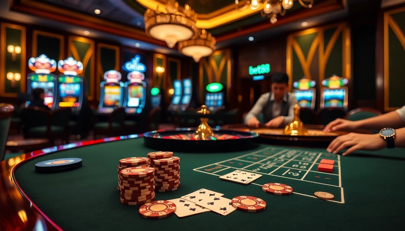 Bet88 gamblers enjoying an exciting casino experience with poker chips and glowing slot machines.
