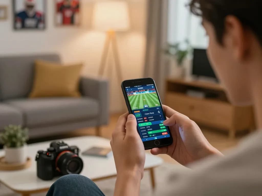 Betting live on LV88 with smartphone, showcasing strategic sports betting environment at home.