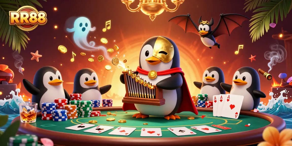 RR88 casino action featuring a penguin playing an organ with golden coins, surrounded by colorful poker chips.