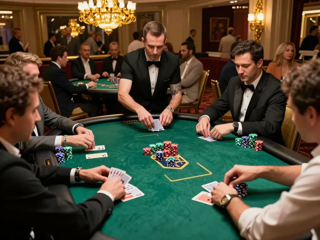 Players strategizing in an intense poker game at a Vegas casino, highlighting Ok9.