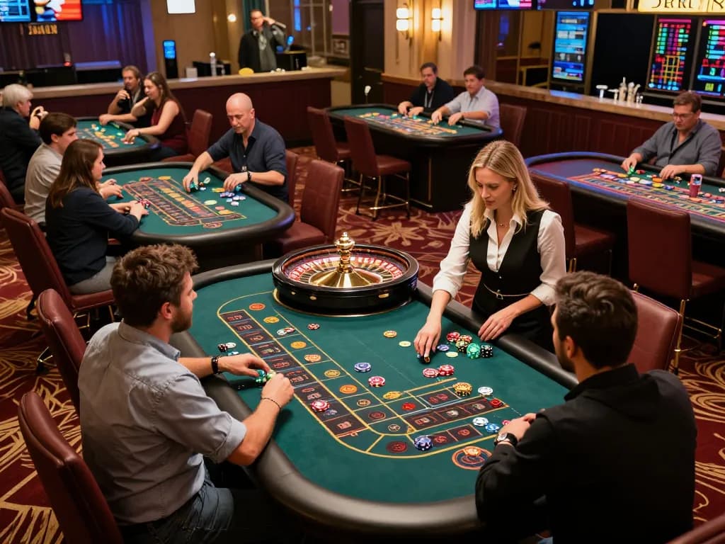 Players enjoying gaming strategies at lc88 casino, engaging at roulette tables with vibrant atmosphere
