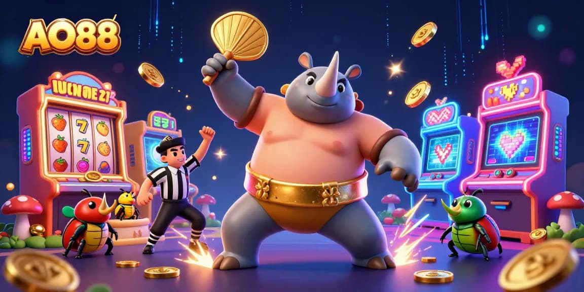 Experience the thrilling action of AO88 with a sumo beetle champion and vibrant casino elements.