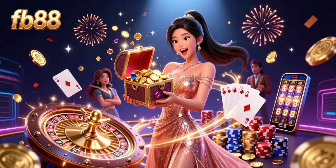 Engage with fb88's dazzling casino experience featuring a beautiful Asian woman showcasing treasure and winning gems.