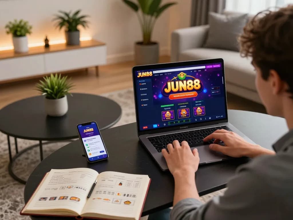 Player enjoying the JUN88 online casino experience on their laptop, highlighting strategic betting.