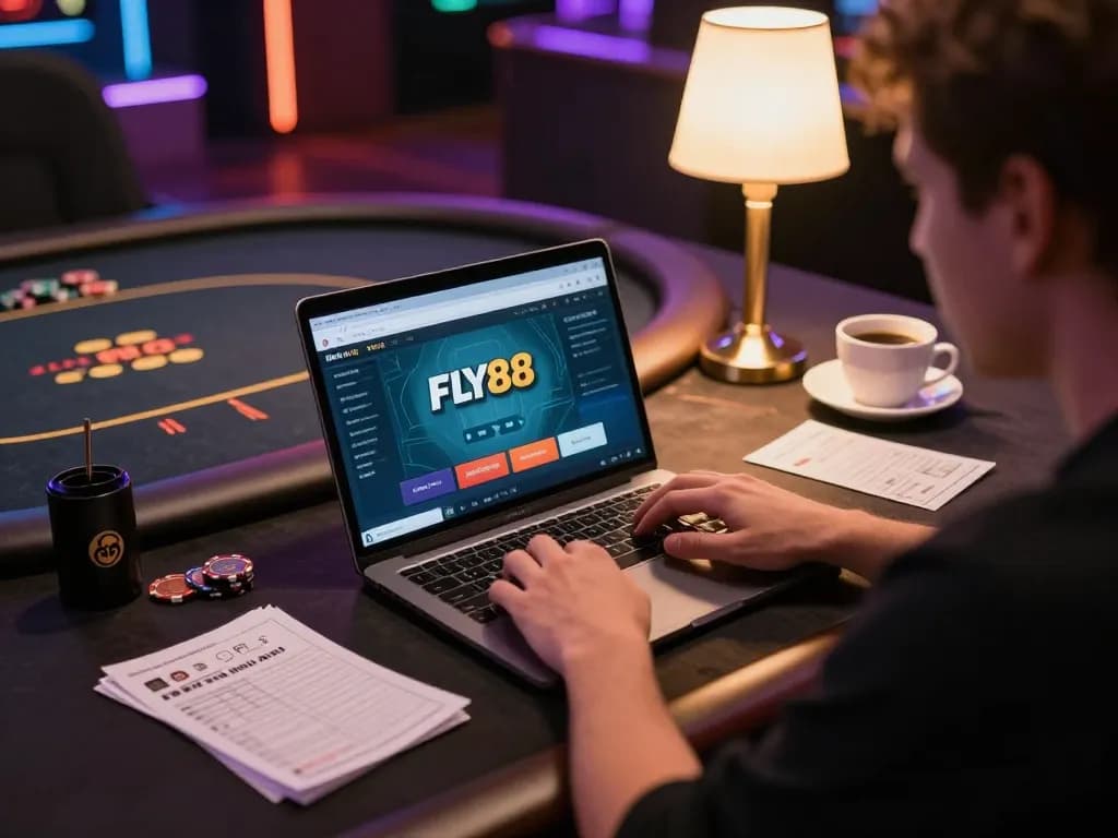 Player engaging with FLY88's online casino interface, showcasing strategic gaming setup and responsible play.
