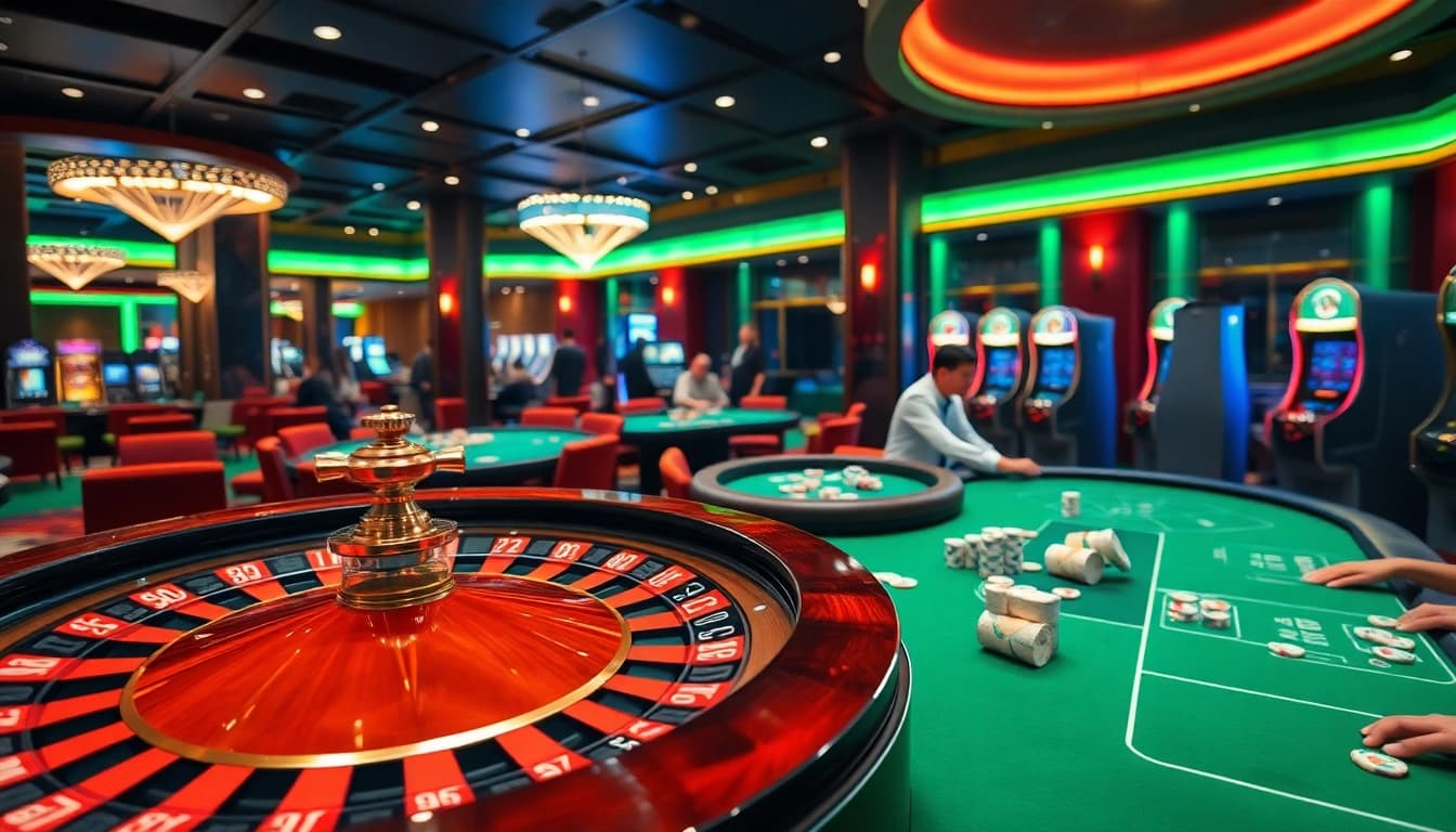 Tỷ lệ kèo nhà cái emphasized in an exciting casino scene with players engaged at a roulette table.
