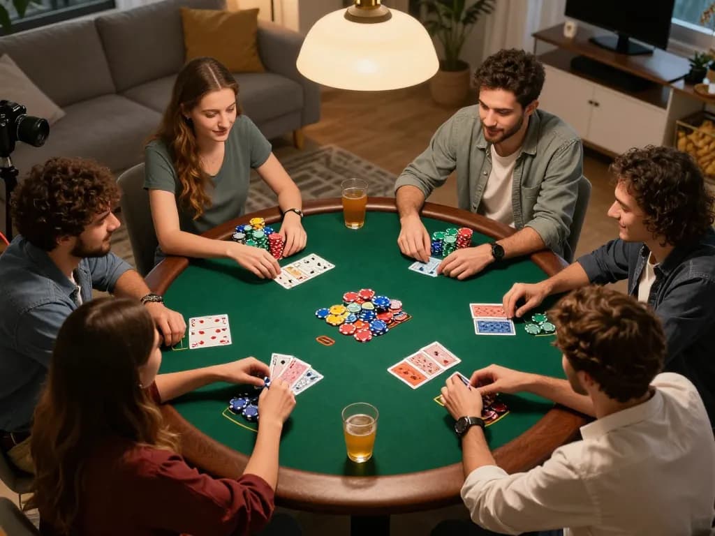 Bạn bè tận hưởng một trò chơi poker thú vị tại nhà, minh họa trải nghiệm Link 12bet với sự tương tác sống động và bầu không khí.