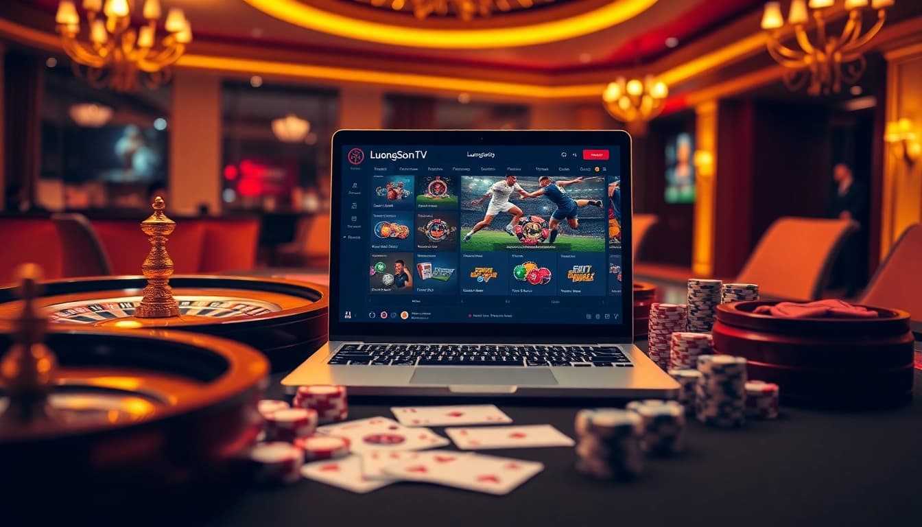 Experience online football streaming on LuongsonTV with exciting gambling elements like poker chips and roulette.