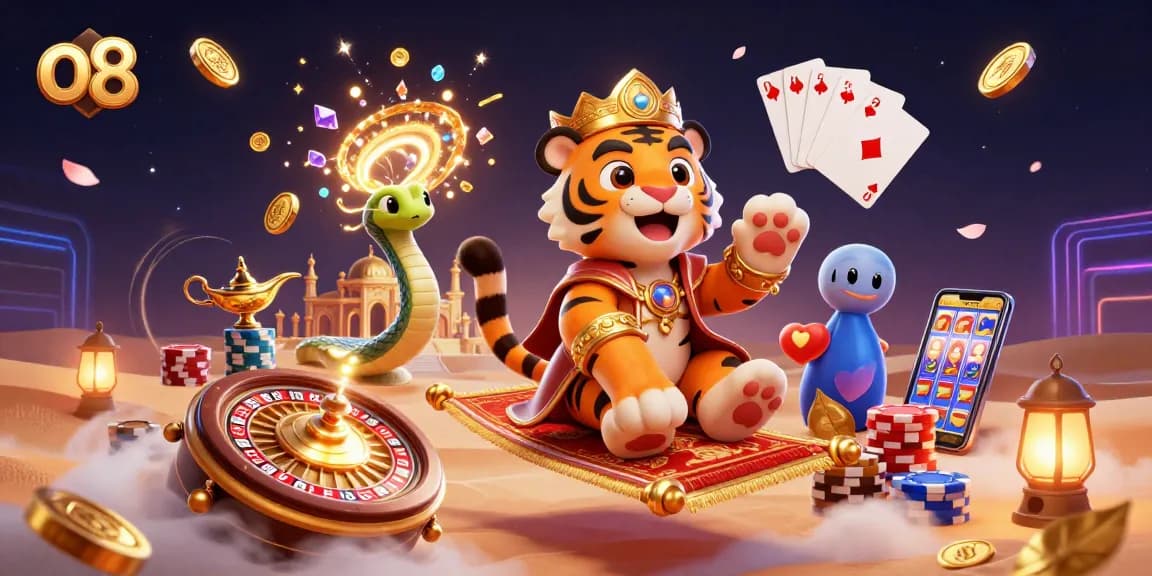 Experience the magic of o8 with a vibrant 3D scene featuring a cartoon tiger sultan and stunning casino elements.