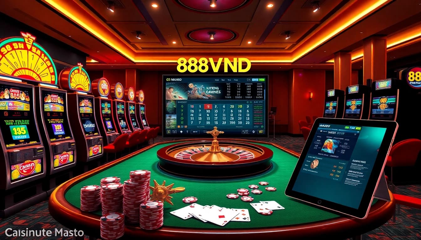 Experience the thrill of 888VND with vibrant casino elements and engaging gaming visuals.