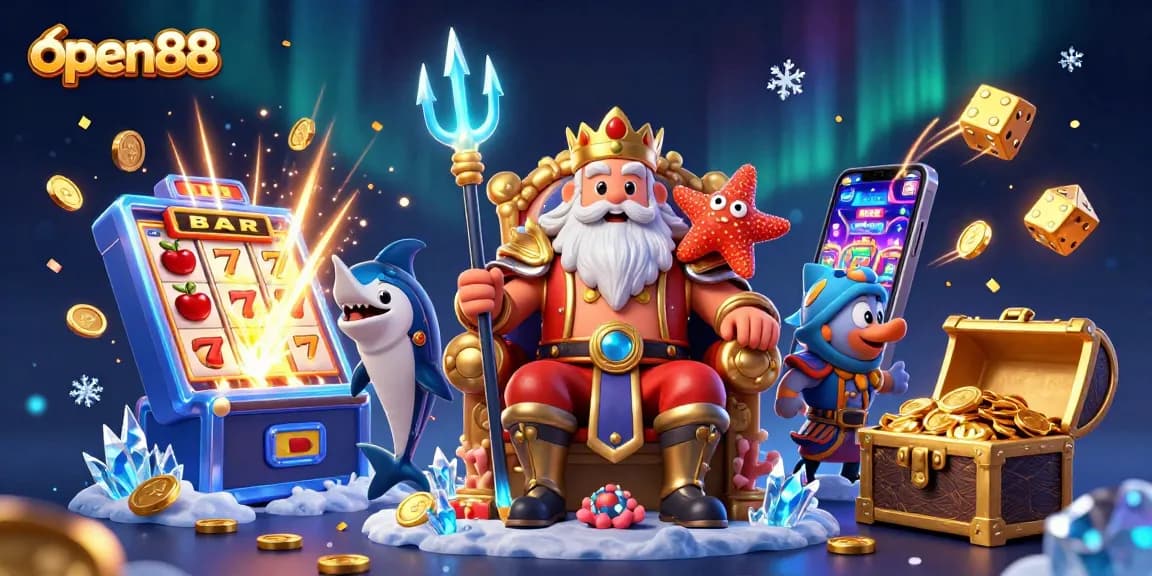 Experience the excitement of open88 with a stunning 3D casino scene featuring lively game elements.