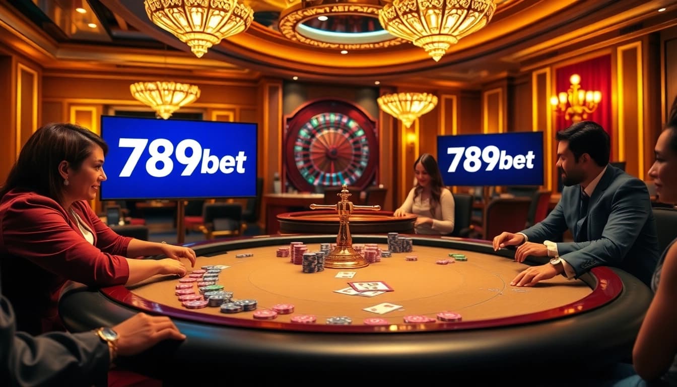 An engaging casino experience at 789bet with players at a poker table and a roulette wheel.