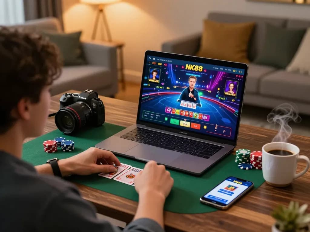 Engaged player using NK88 online casino app on laptop for a strategic gaming experience