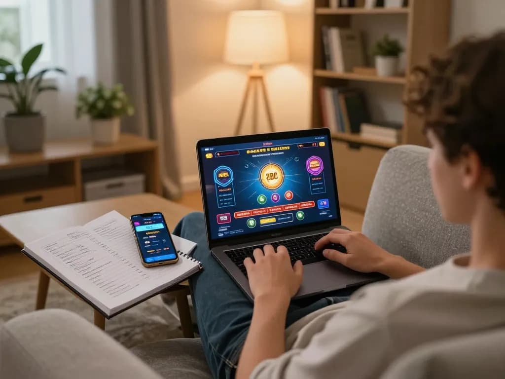 Engaged player using ABC999 app on laptop at home, showcasing exciting online gaming experience