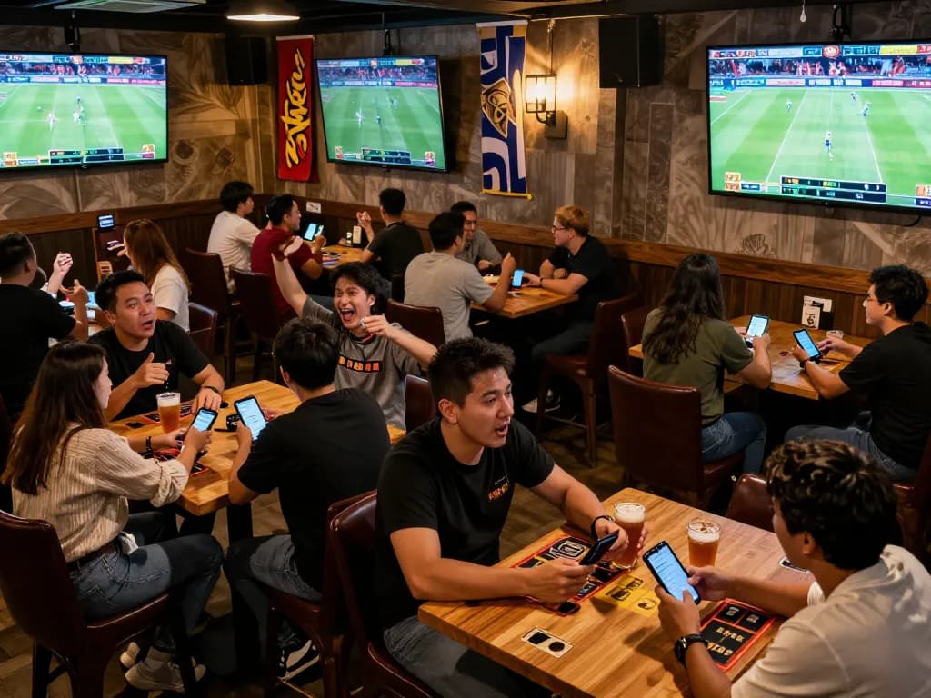 Fans celebrating while placing bets on tỷ lệ kèo nhà cái hôm nay in lively sports bar.