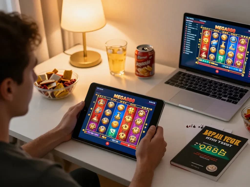 Engaging moment of a player exploring MEGA888 on a tablet within a cozy gaming setup.