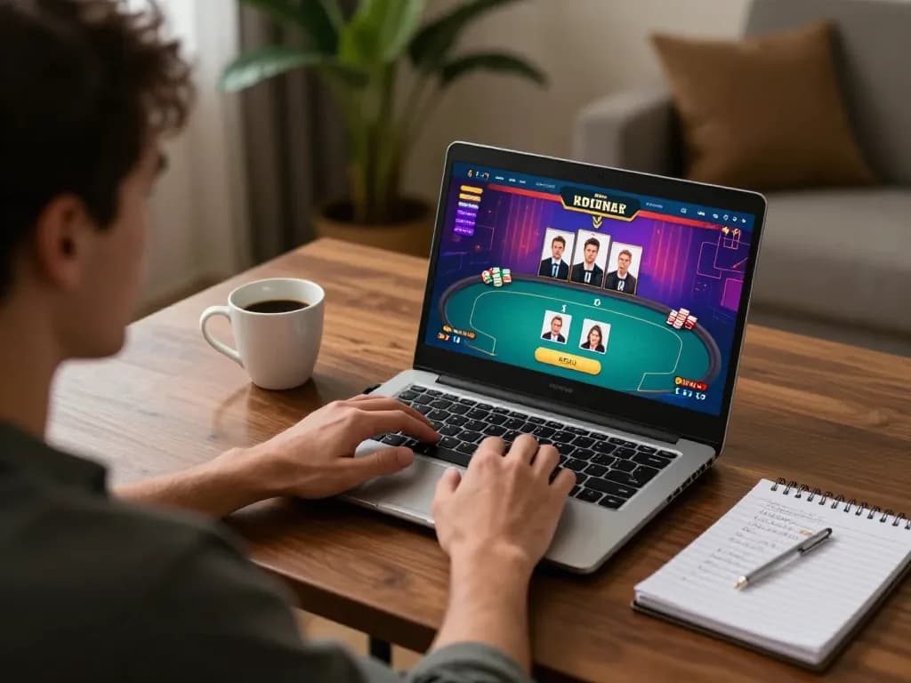 Engaging in online poker on QQ88 with strategic notes and warm home ambiance.