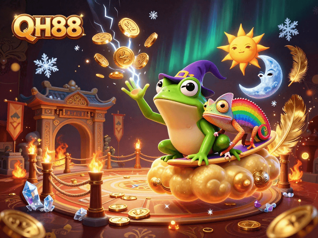 Experience the excitement of QH88 in a vibrant casino-themed digital illustration with dynamic characters.