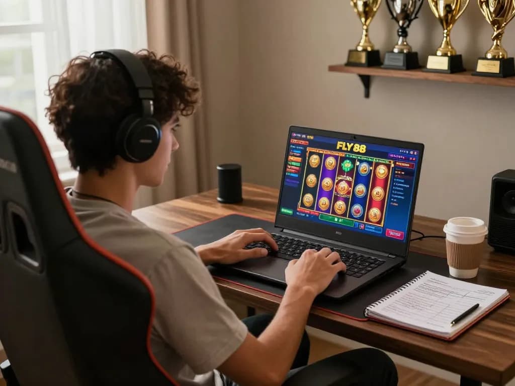 Engaging online gaming session with FLY 88 casino interface on laptop, showcasing responsible gambling.