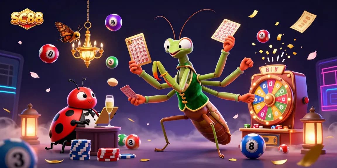 Experience SC88’s dynamic gaming excitement showcasing a giant mantis card sharp, ladybug pit boss, and vibrant casino elements.