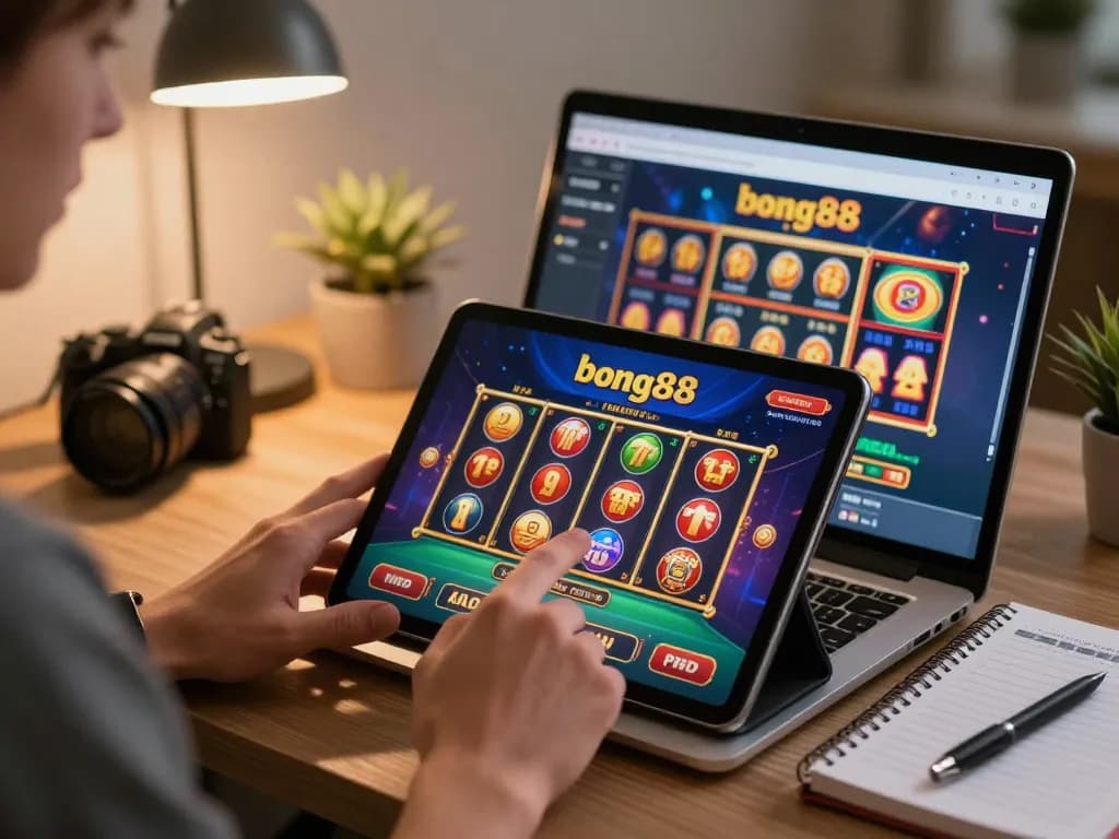 Player engaging with the bong88 app for online gambling, showcasing dynamic game interface and cozy workspace.