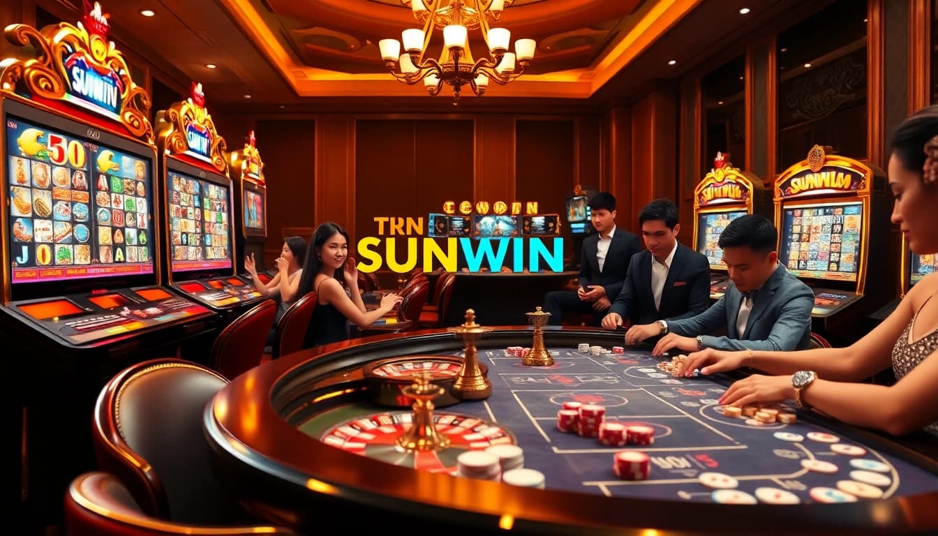 Exciting gaming scene at Sunwin showcasing vibrant slots and engaged players.