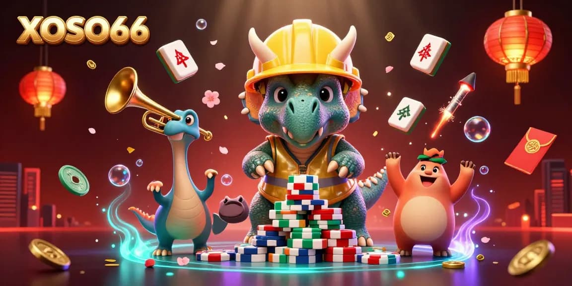 XOSO66 celebrates gaming with a lively scene featuring a triceratops and festive elements, highlighting the excitement of casino action.