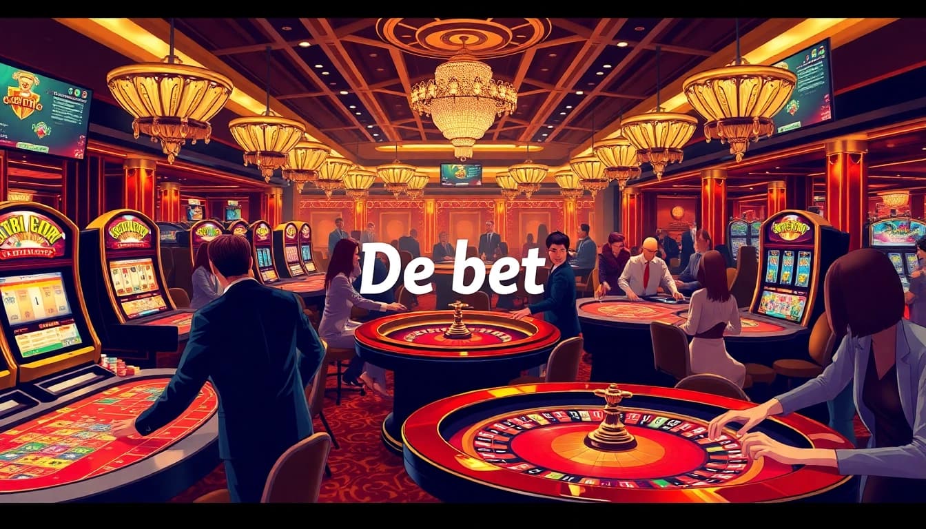 A lively casino scene with players engaged in games related to De bet, showcasing vibrant tables and betting excitement.