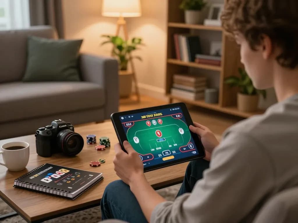 Engage in strategic online poker gameplay with NK88 on tablet in a cozy living room setting.