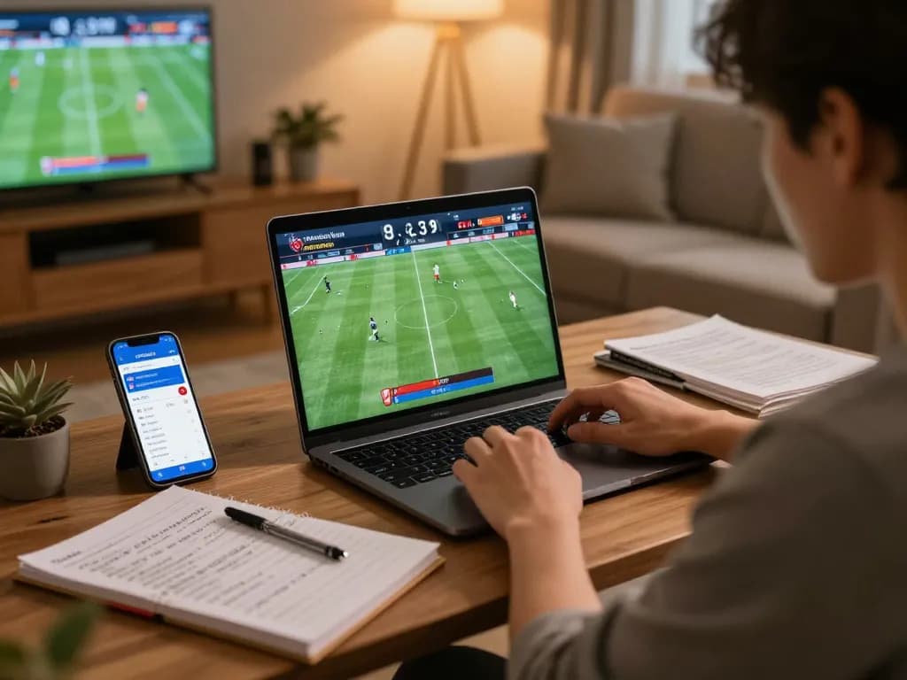 Person engaged in การวิเคราะห์ฟุตบอล with laptop and betting app in a cozy home environment