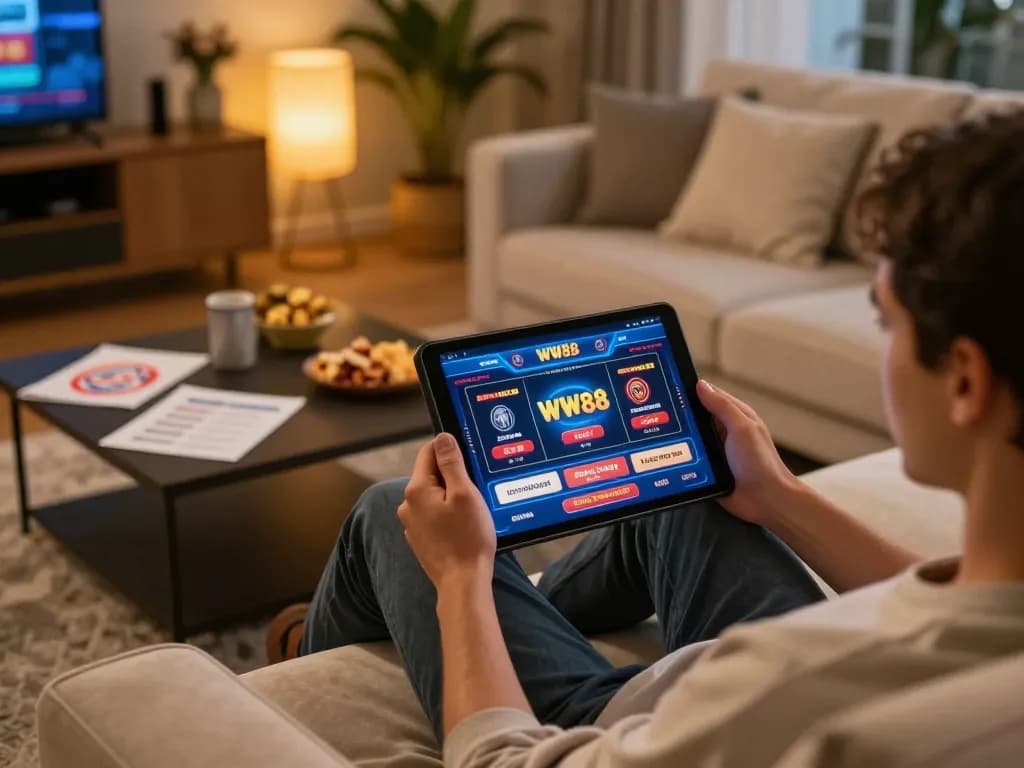 Engaging with the WW88 online casino app on a tablet in a cozy home environment