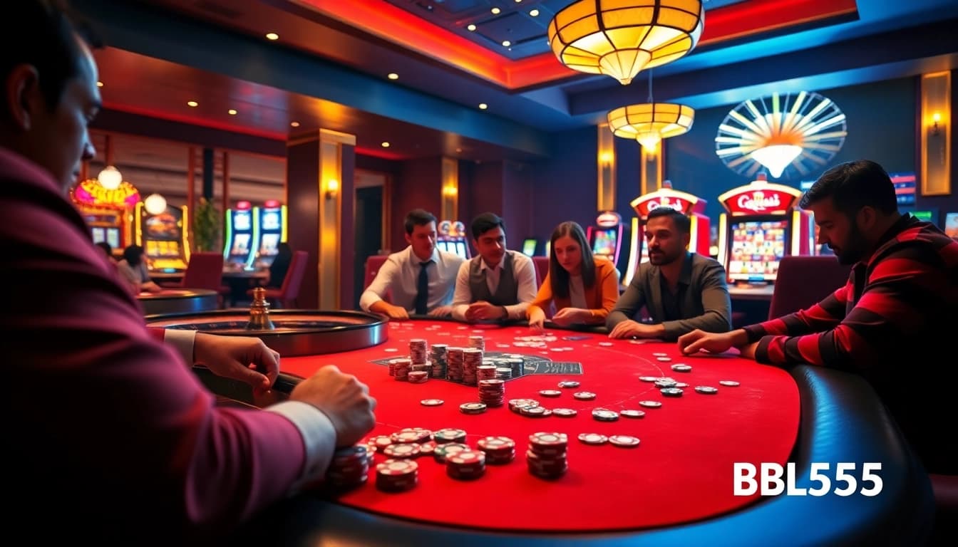 Players compete at a high-stakes poker game in a luxurious casino setting, showcasing the excitement of BL555 betting.