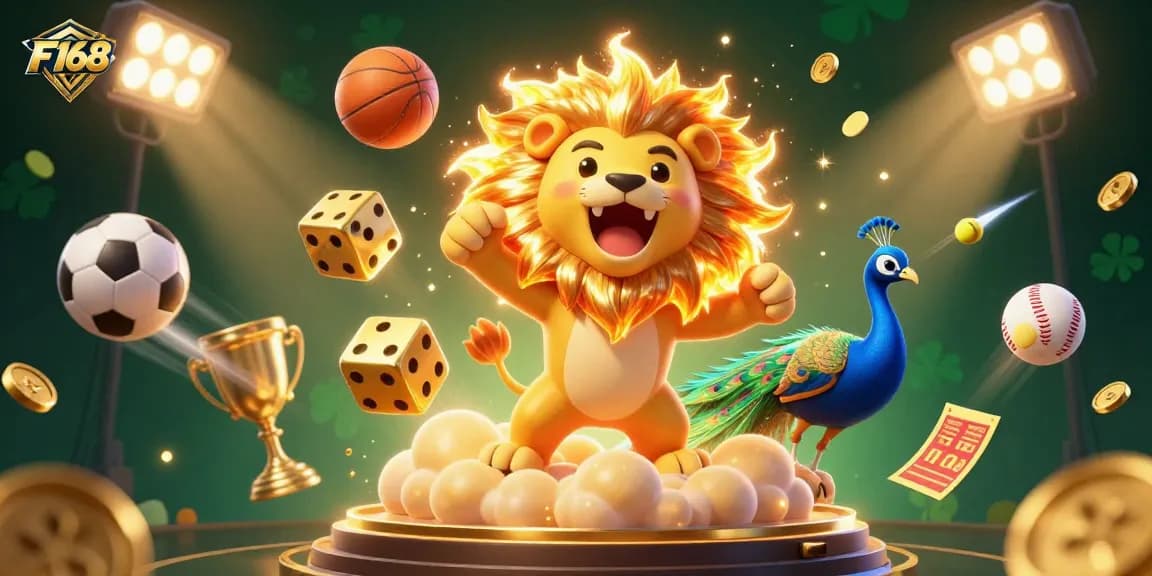 Experience the thrilling games at F 168, where a mighty sun lion and vibrant dice celebrate winning moments in a dazzling scene.