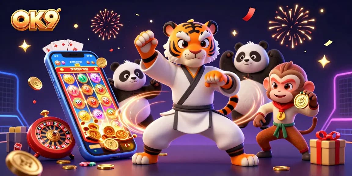 OK9 offers electrifying gameplay with a kung fu tiger, panda, and monkey amidst vibrant slot machines and festive confetti.