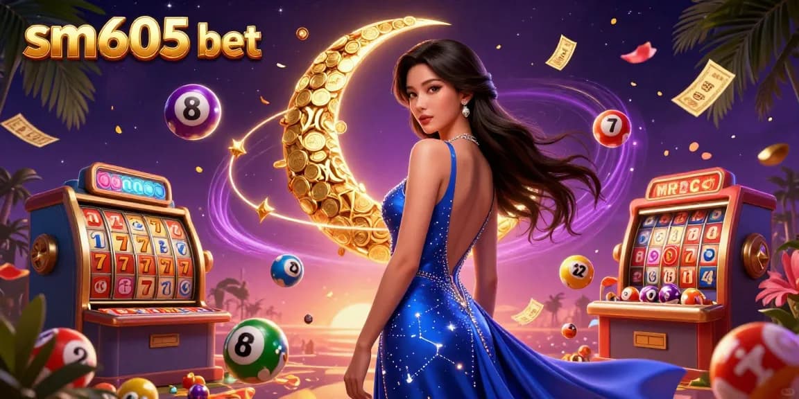 Suasana menarik yang menampilkan sm605 bet dengan seorang wanita Asia glamor di tengah elemen kasino yang hidup seperti gulungan slot yang berputar dan bola lotere.