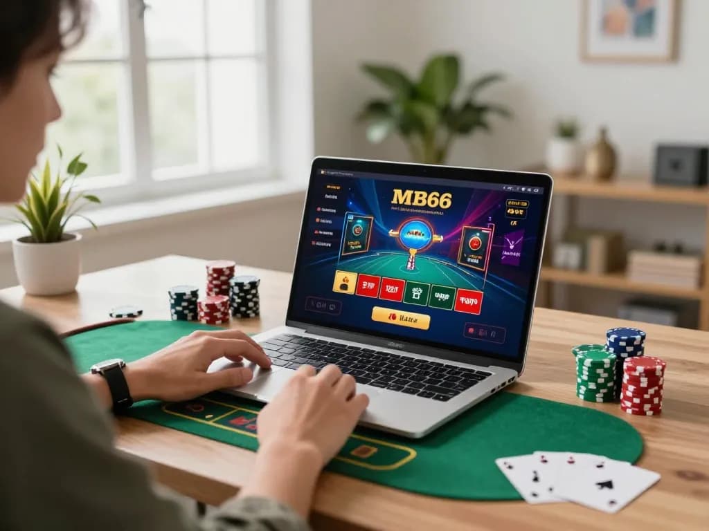 Engaging with a live dealer game at casino mb66 in a stylish home office.