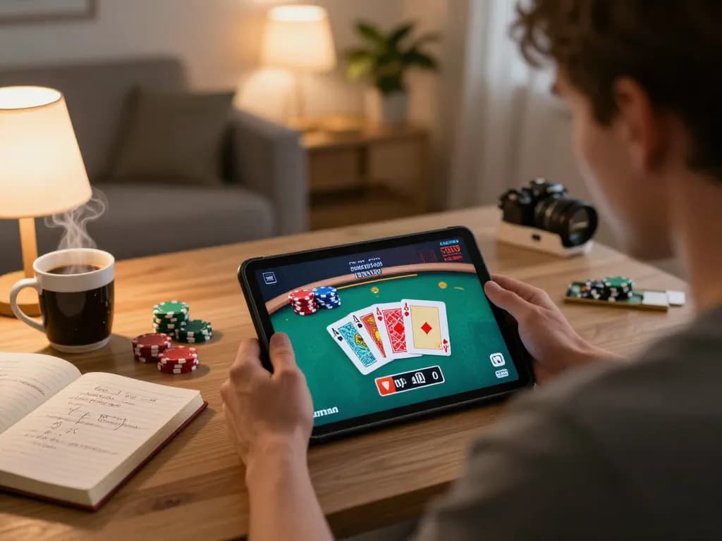 Engaging scene of red888 online gambling with a player strategizing poker moves at home.