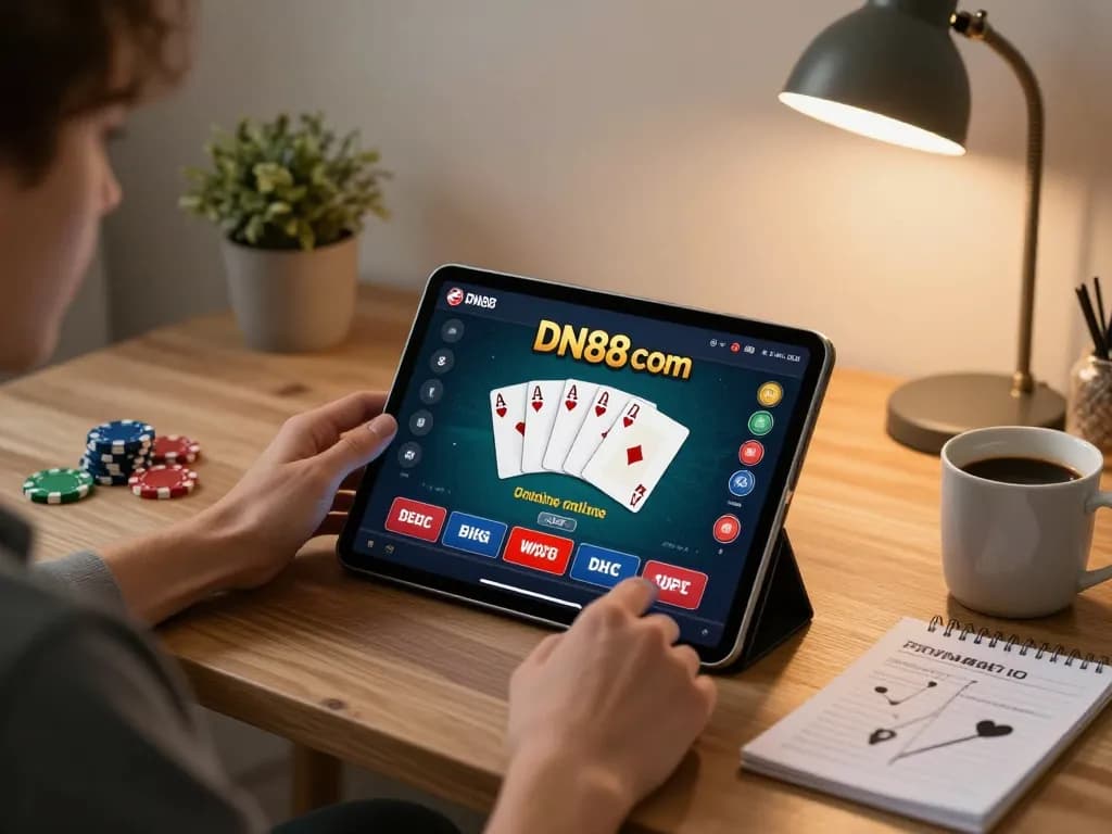 Using DN88 com for online poker strategy at home with tablet and betting notes.