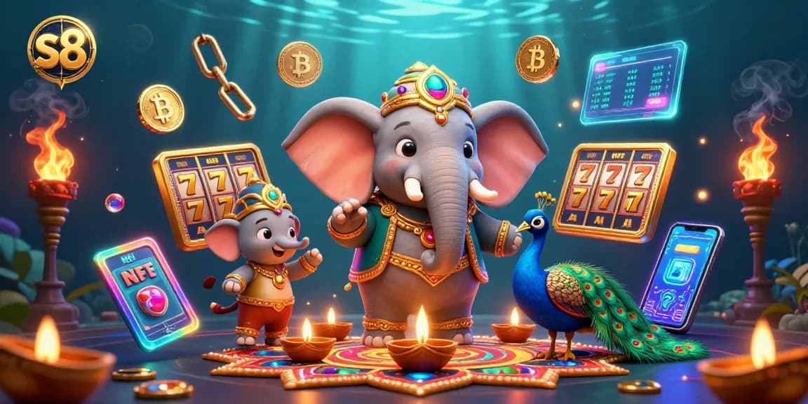 Win big at S8 with vibrant casino elements featuring an ornate elephant and glowing coins.
