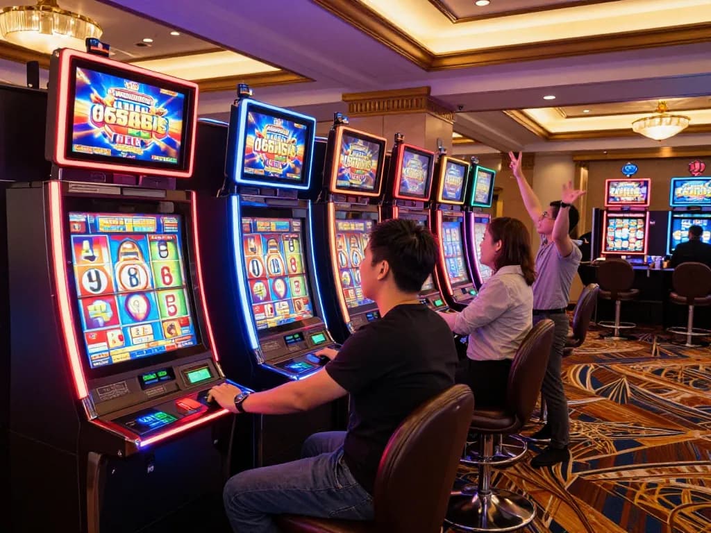 Players engaging with slot machines at 58win casino, enjoying the vibrant atmosphere of the gaming floor