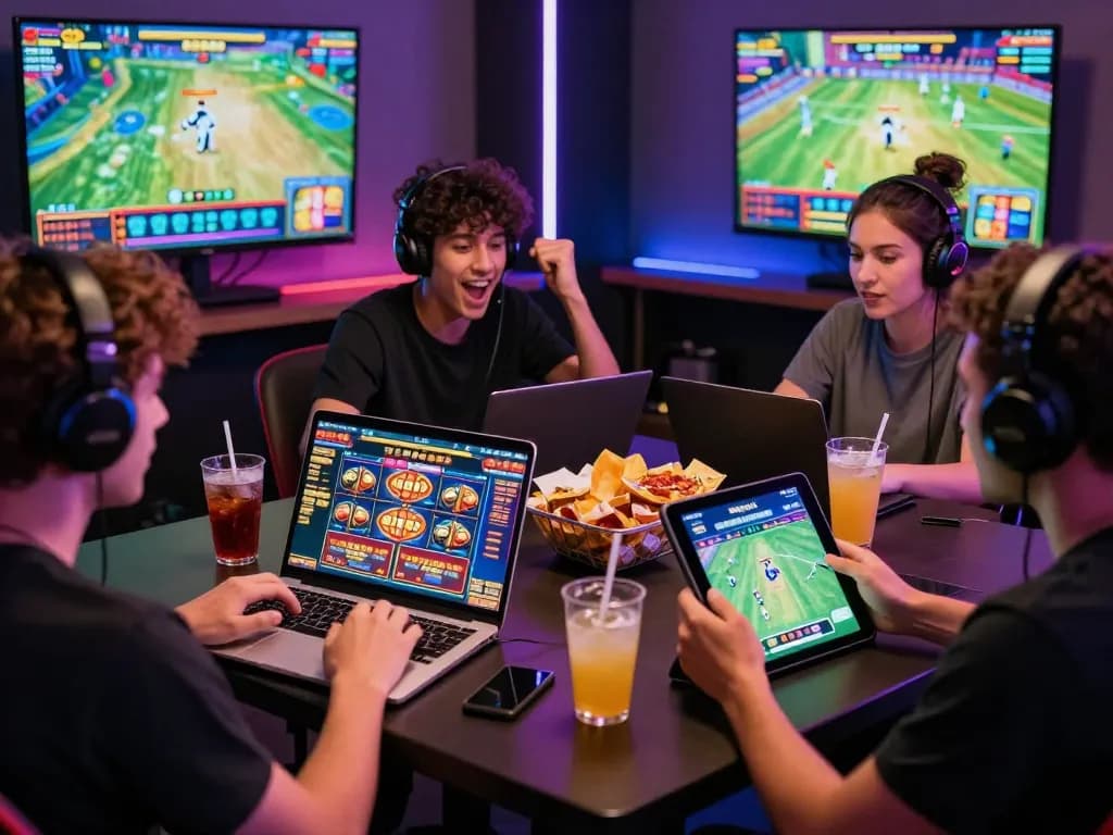 Engaged players enjoying 23win online gaming experience in a vibrant lounge.