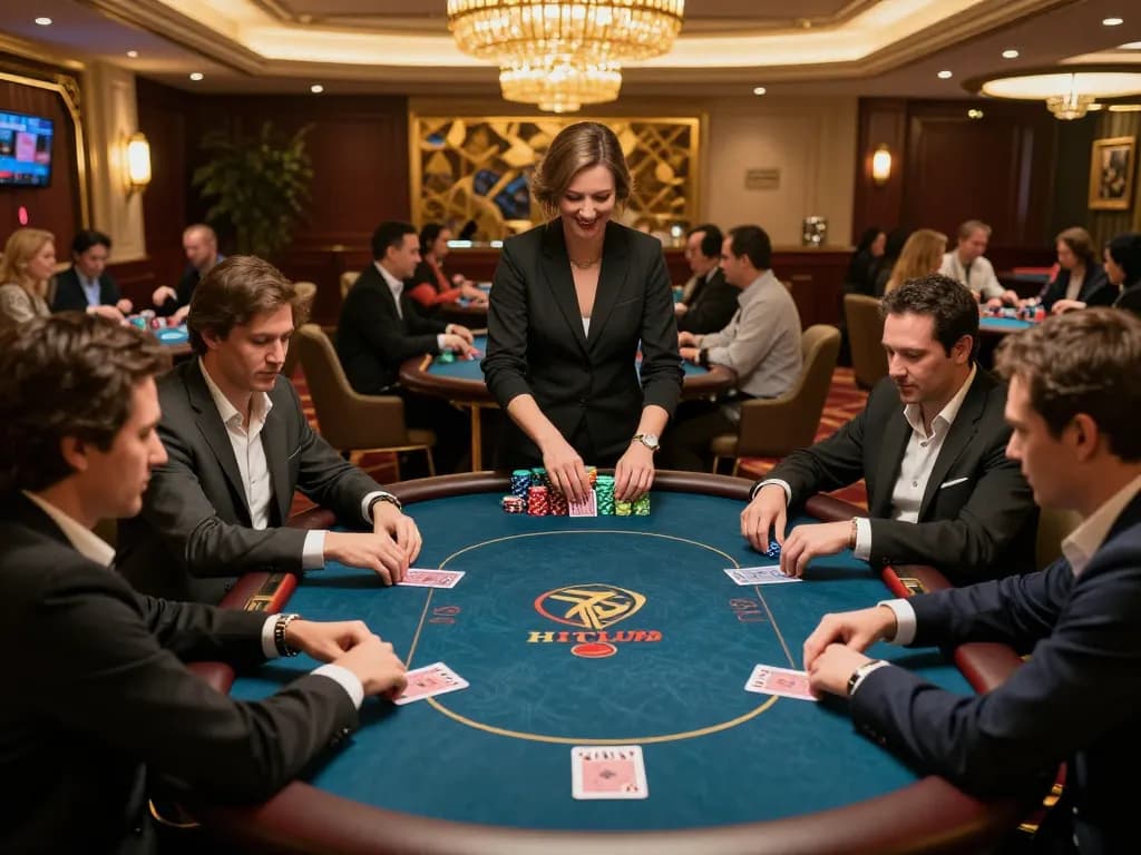 Players enjoying a strategic poker game at Hitclub's upscale casino, with chips and cards in focus.